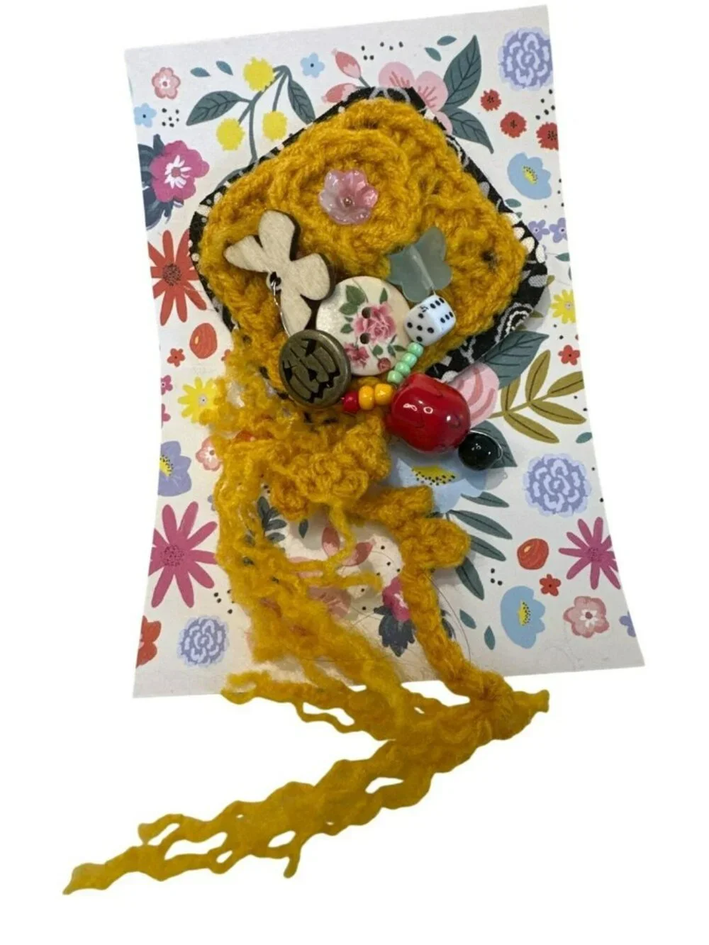 Handmade Brooch OOAK Yellow Crochet Embellished Charm Pin Shabby Chic 5